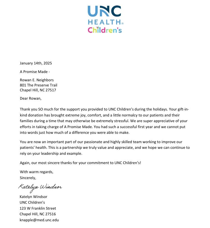 Thank-you letter from UNC Children's Hospital, January 2025