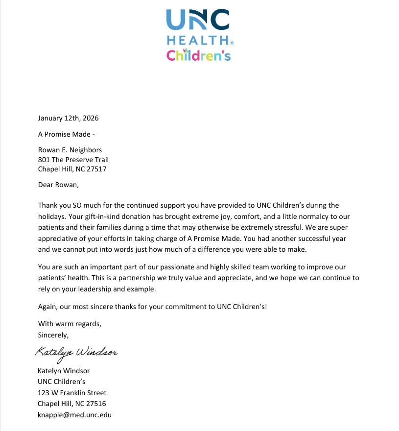 Thank-you letter from UNC Children's Hospital, January 2026